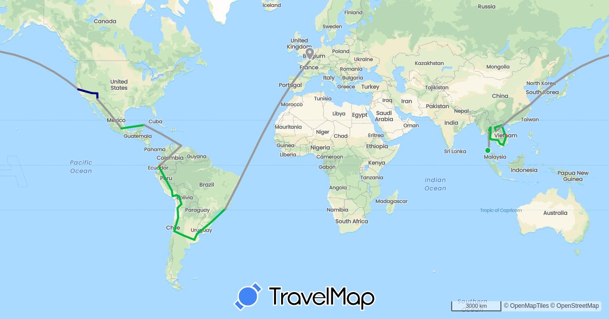 TravelMap itinerary: driving, bus, plane, hiking in Argentina, Bolivia, Brazil, Chile, China, Ecuador, France, Cambodia, Laos, Mexico, Peru, Thailand, United States, Venezuela, Vietnam (Asia, Europe, North America, South America)